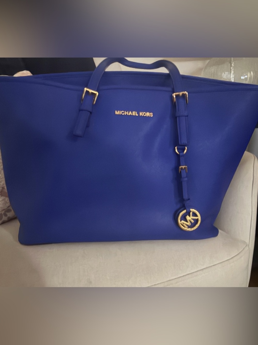 Michael Kors Large Royal Blue Leather Tote with Gold Charm